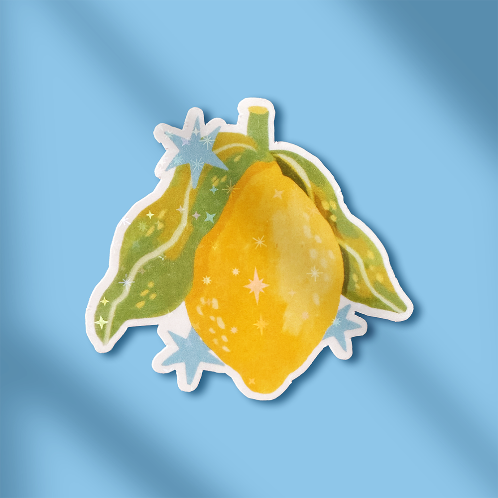 Glossy sparkly vinyl lemon sticker with hand-drawn illustration. Cute and zesty, perfect for summer stationery or decorating bottles and planners.