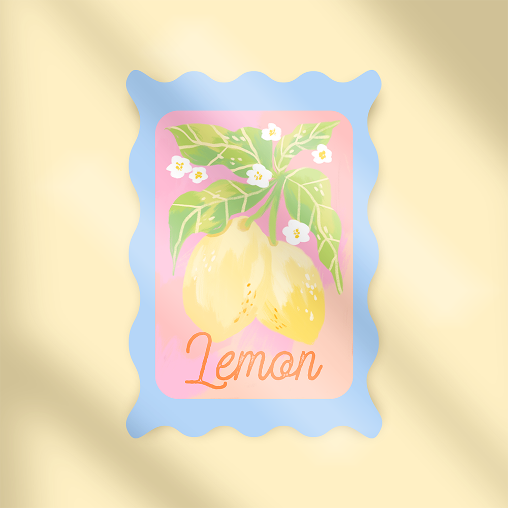 Mini glossy vinyl sticker shaped like a postage stamp with hand-drawn lemons and blossoms. Pastel summer design by Ziyi Studio.