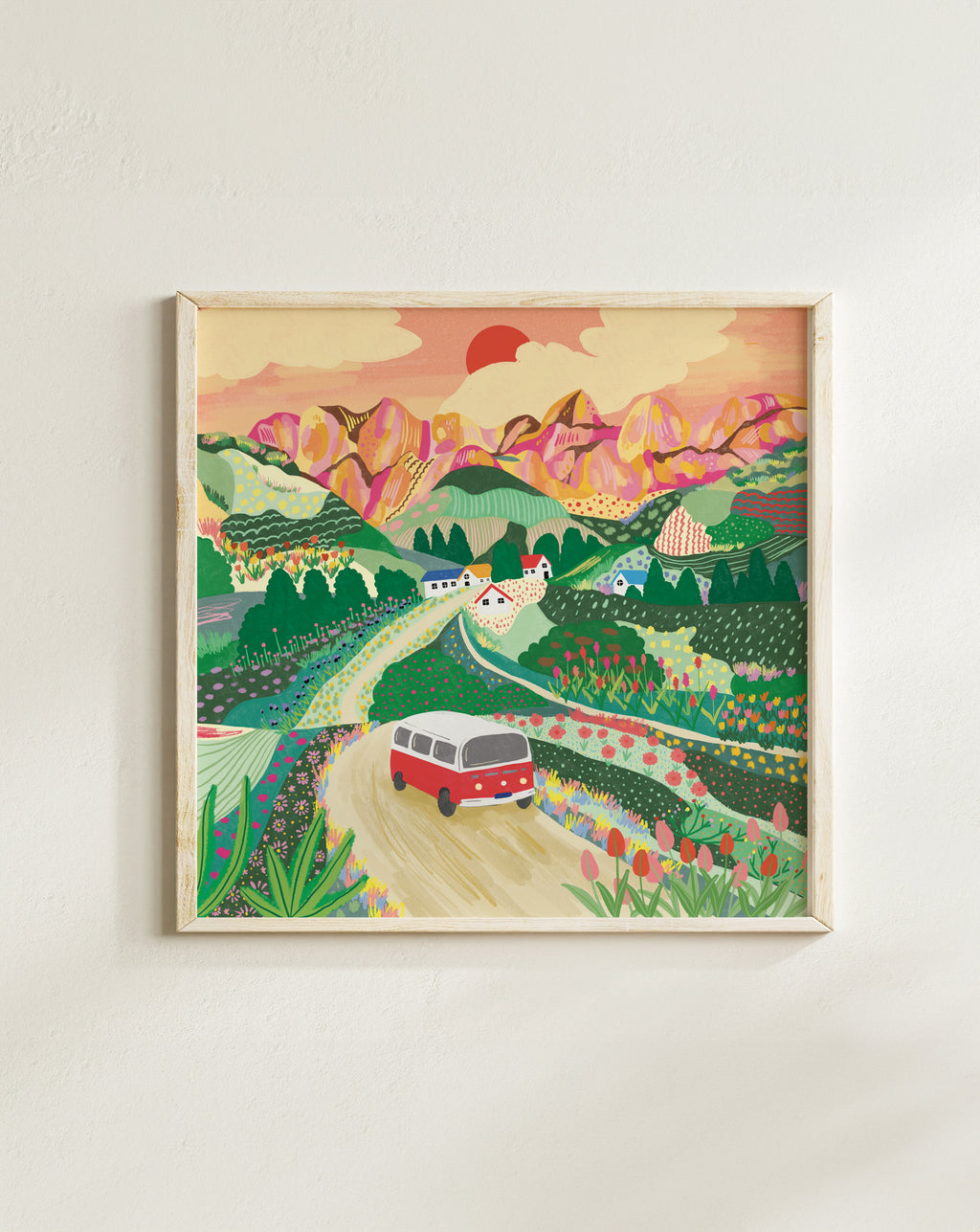 Let's Go On A Trip art print with red campervan driving through flower-filled valley and colourful mountains by London artist"