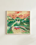 Let's Go On A Trip art print with red campervan driving through flower-filled valley and colourful mountains by London artist"