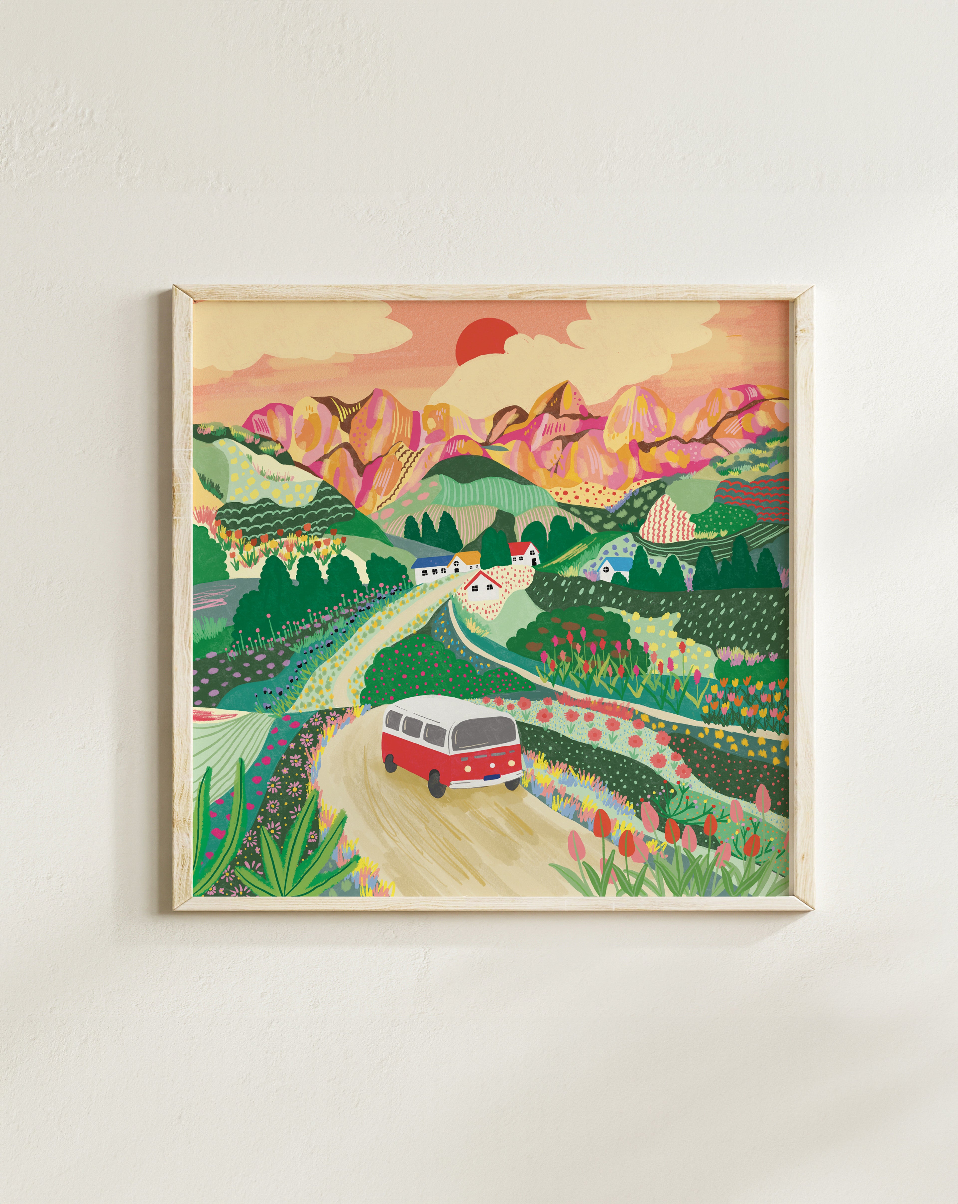 Let's Go On A Trip art print with red campervan driving through flower-filled valley and colourful mountains by London artist"