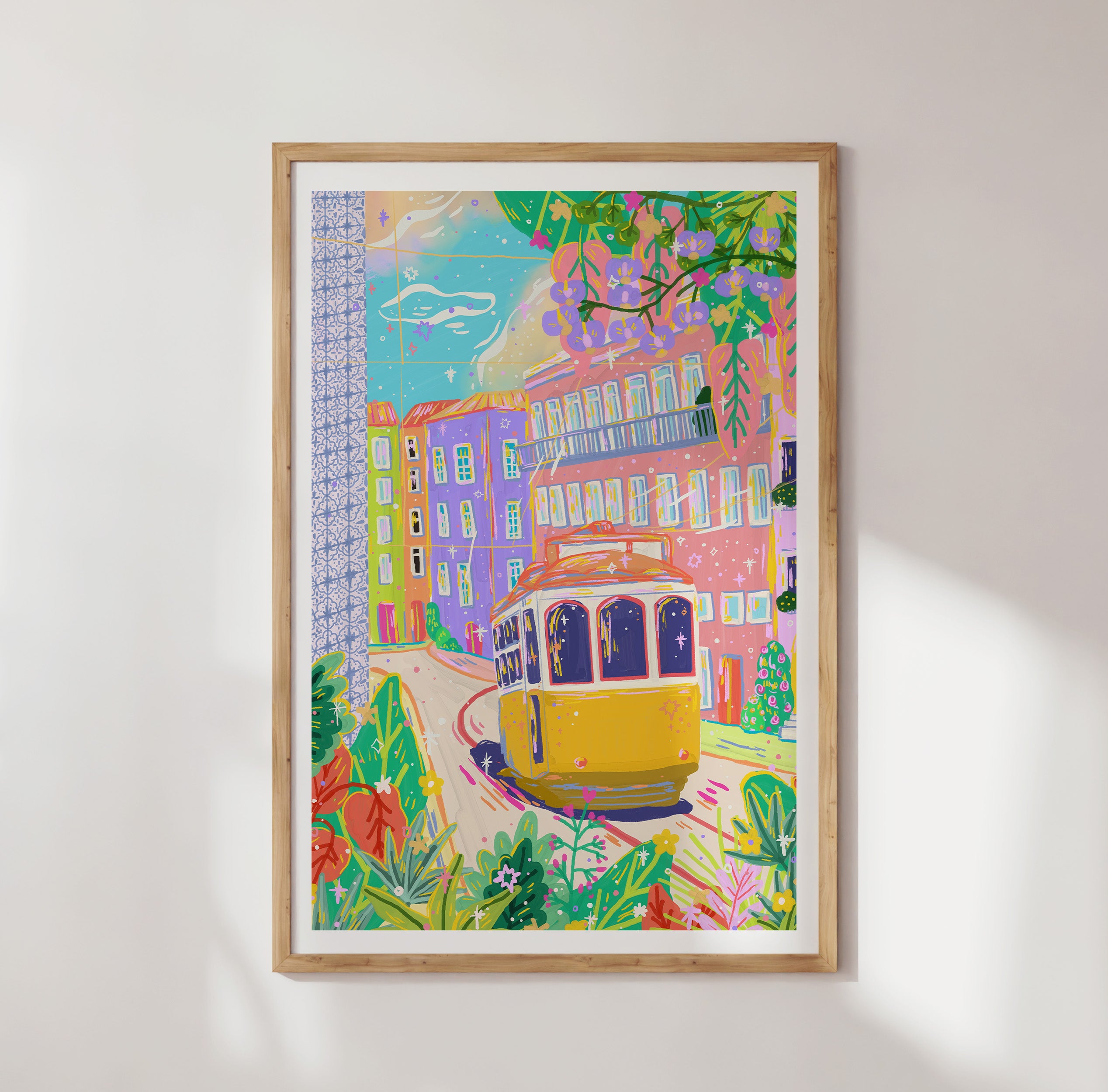 Lisbon art print with iconic yellow tram and Portuguese azulejo tiles