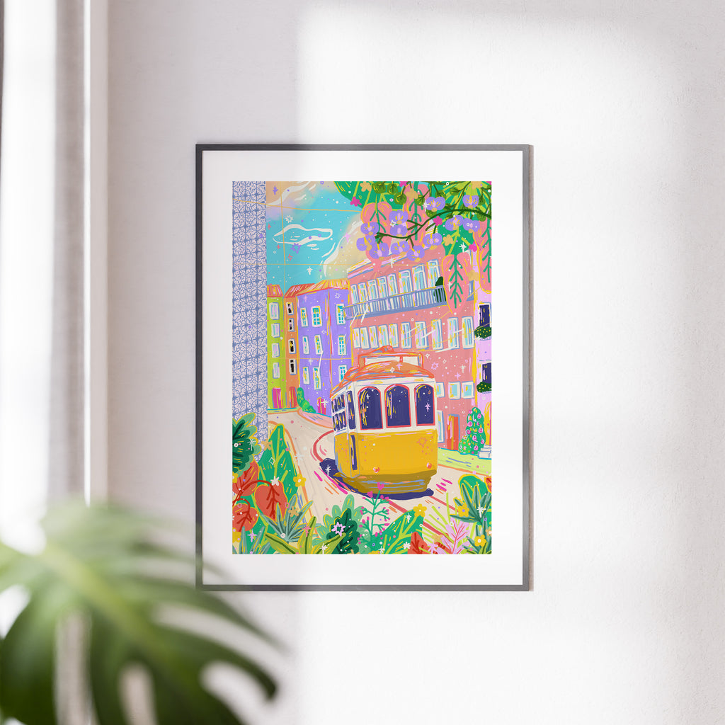 Lisbon Portugal yellow tram illustration whimsical wall art