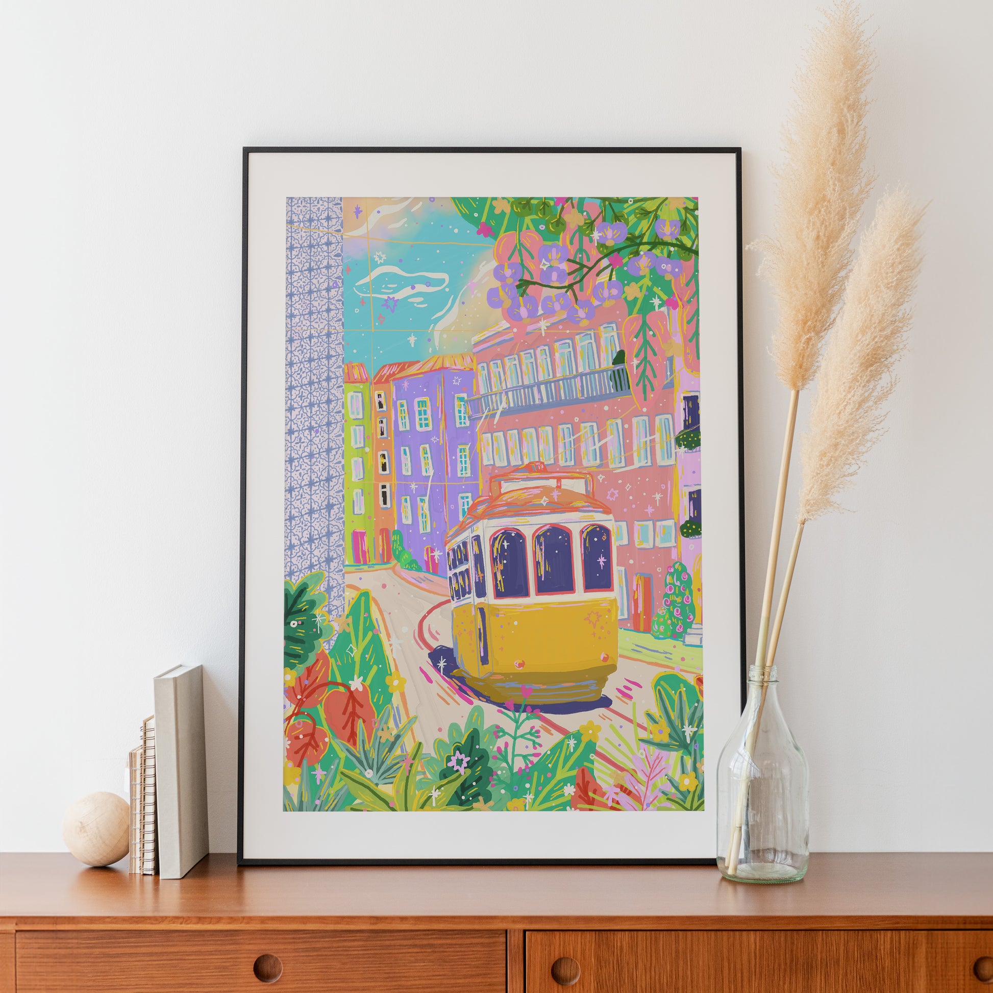 Lisbon travel illustration with tram, colorful pastel buildings and sky