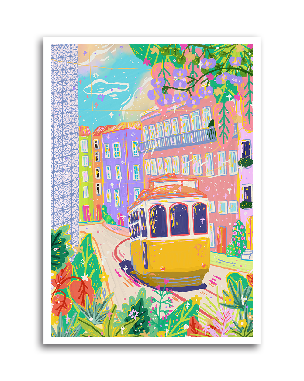 A vibrant and colorful illustration of a yellow tram in Lisbon, Portugal, with pastel-colored buildings and greenery in the background.