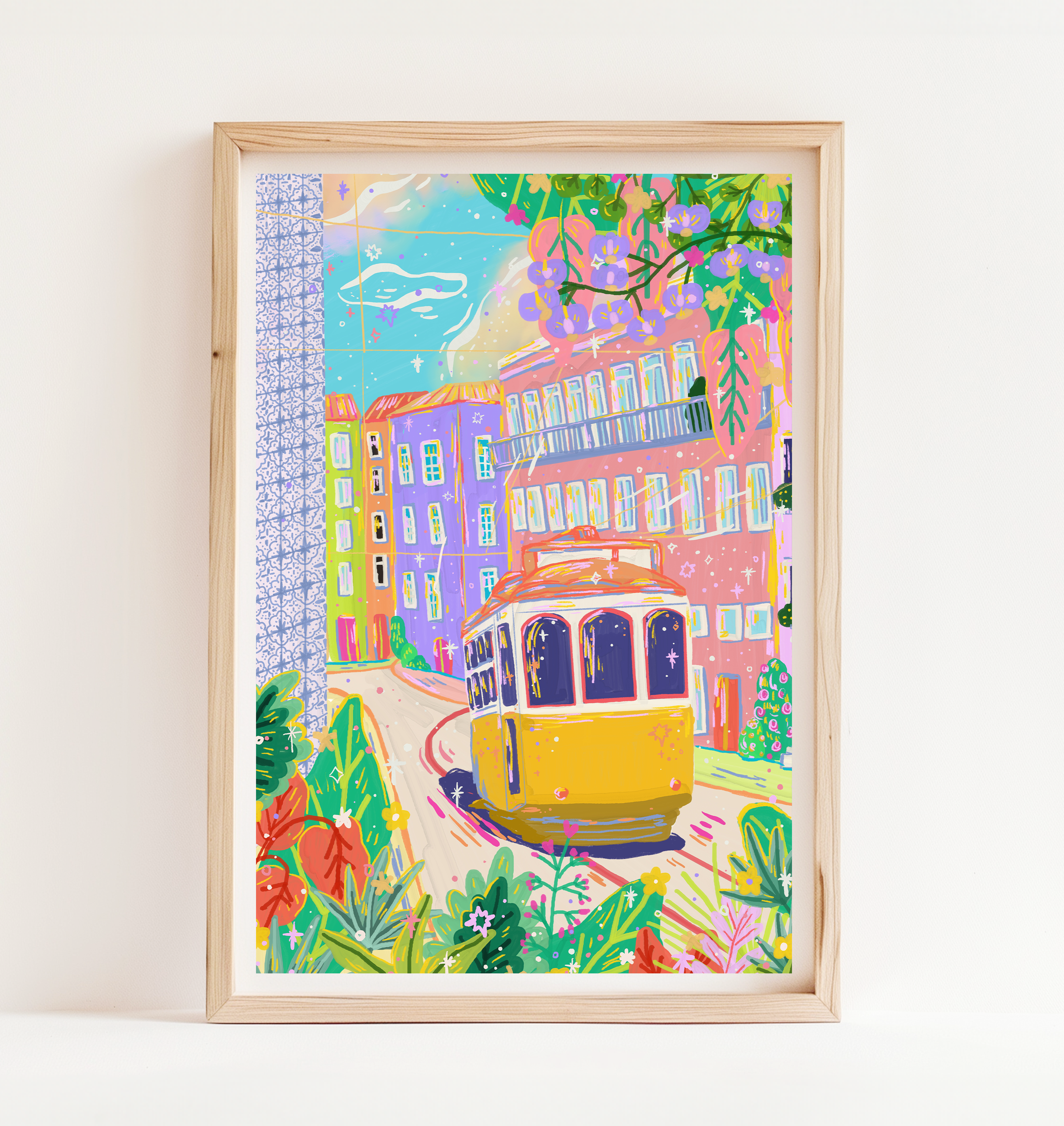A colorful illustration of Lisbon, Portugal featuring a yellow tram and pastel-colored buildings, framed art print.