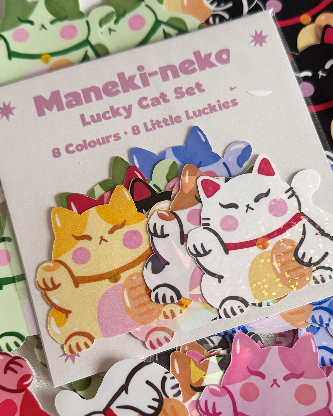 Maneki-neko Lucky Cat Set packaging showing 8 colours 8 little luckies complete Japanese fortune cat collection
