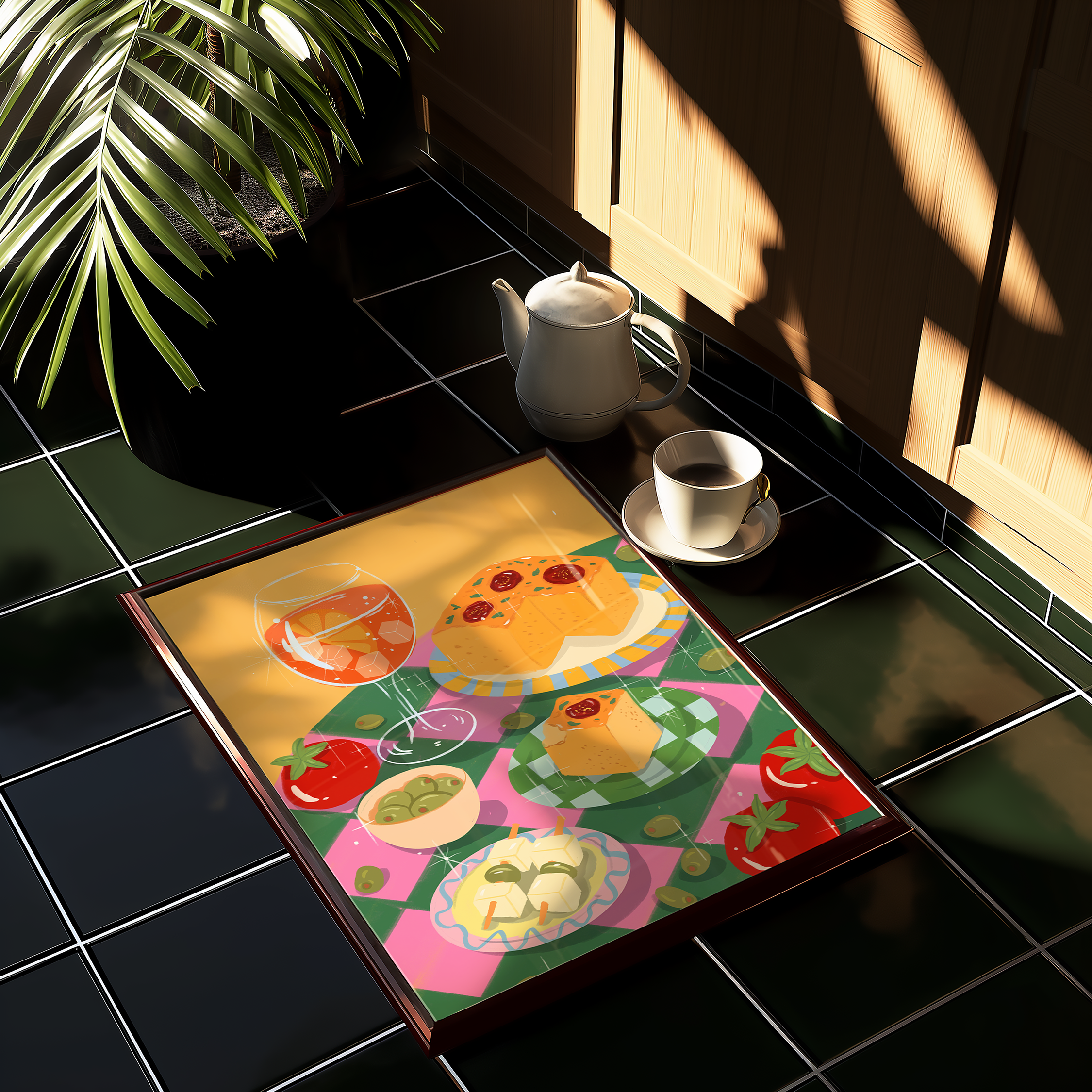 Art print featuring Mediterranean focaccia, Aperol spritz, olives, and tomatoes in a colorful picnic-style setting. Illustration by Ziyi Studio.