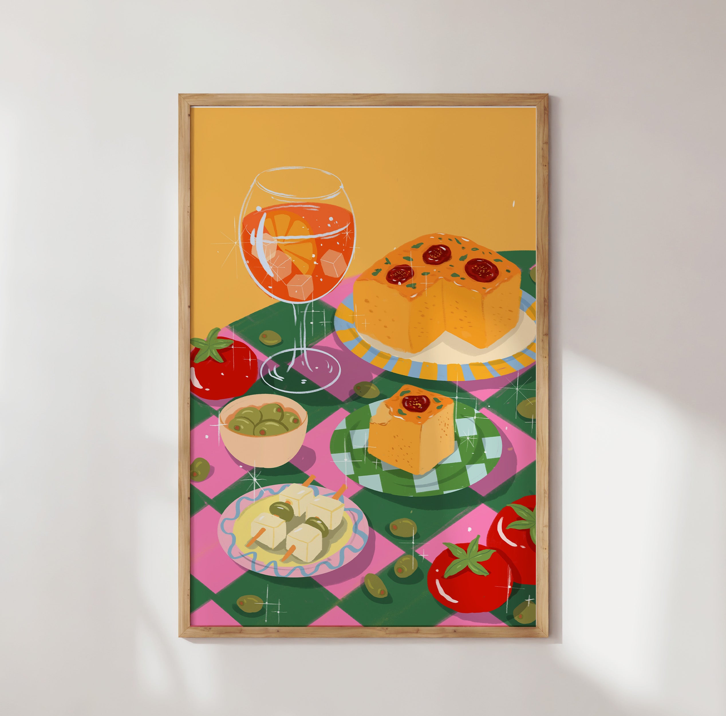 Art print featuring Mediterranean focaccia, Aperol spritz, olives, and tomatoes in a colorful picnic-style setting. Illustration by Ziyi Studio.
