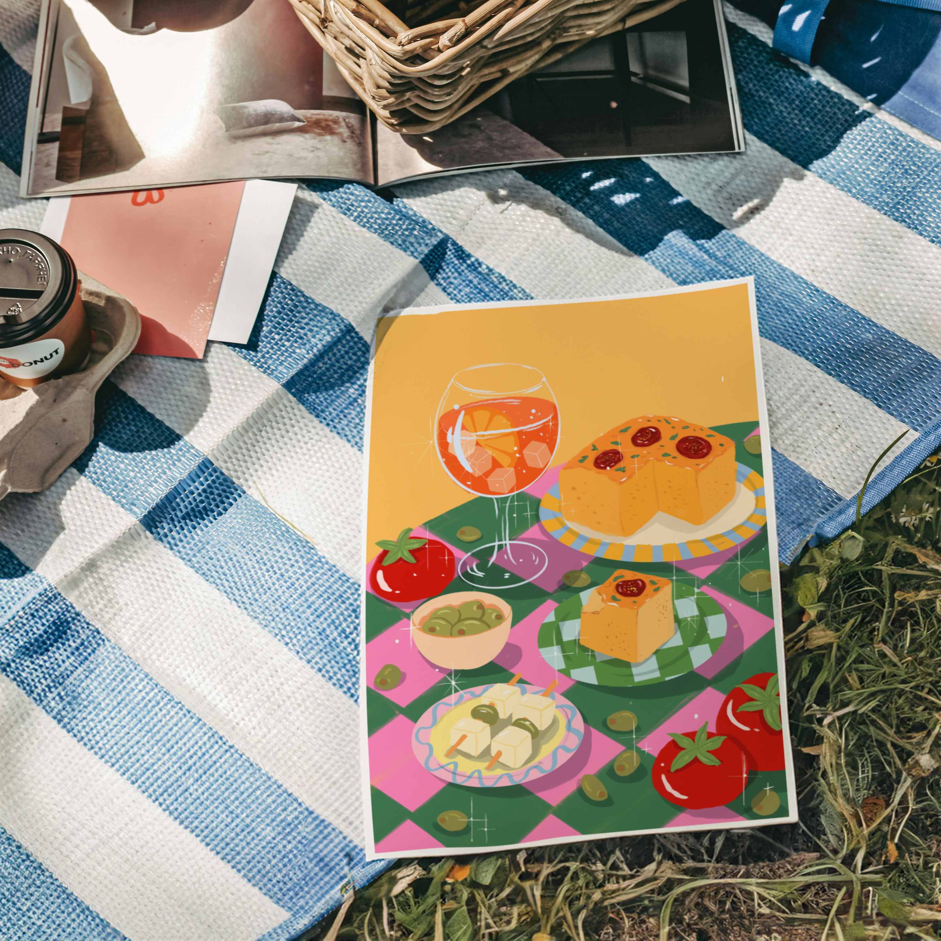 Art print featuring Mediterranean focaccia, Aperol spritz, olives, and tomatoes in a colorful picnic-style setting. Illustration by Ziyi Studio.