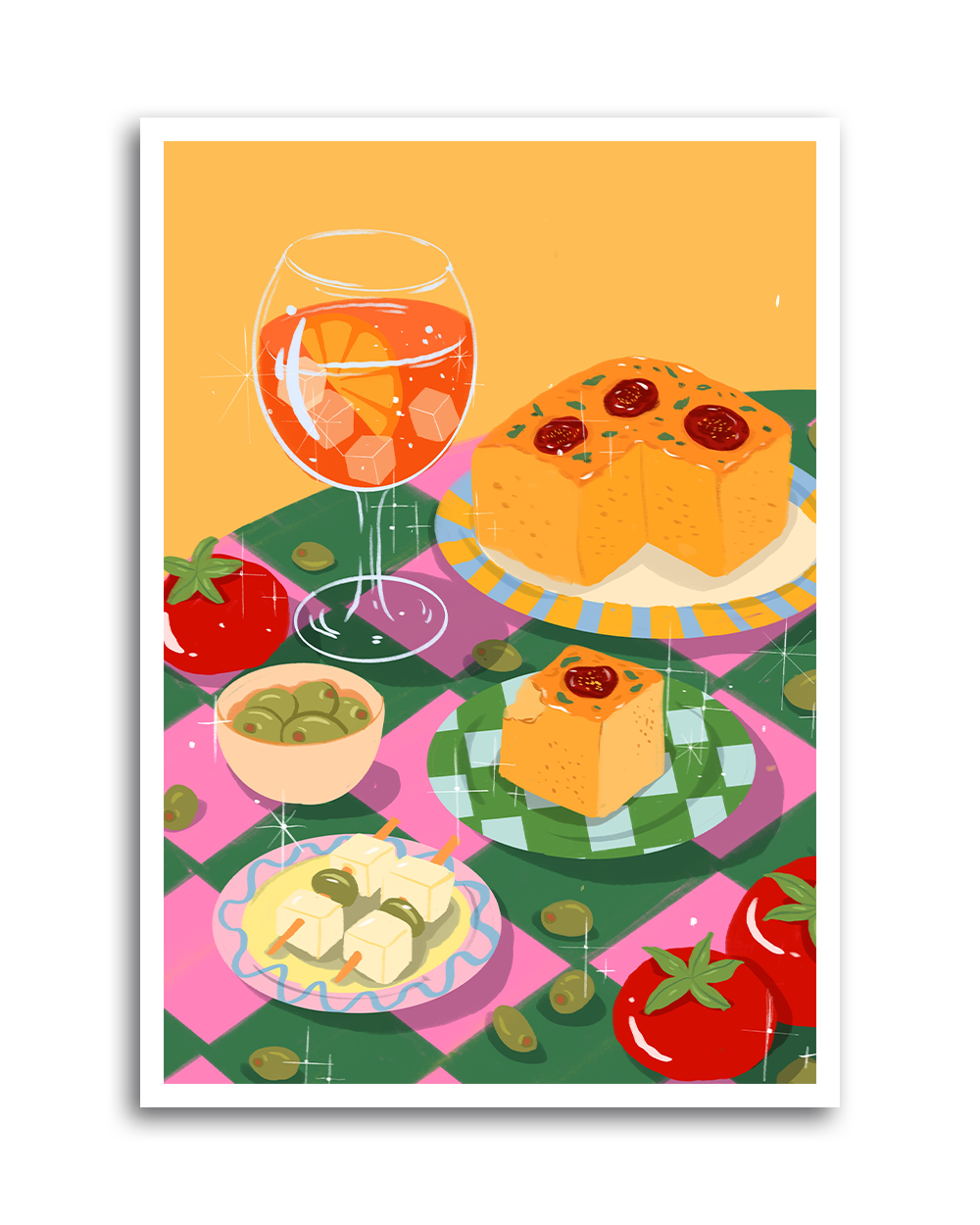 Art print featuring Mediterranean focaccia, Aperol spritz, olives, and tomatoes in a colorful picnic-style setting. Illustration by Ziyi Studio.