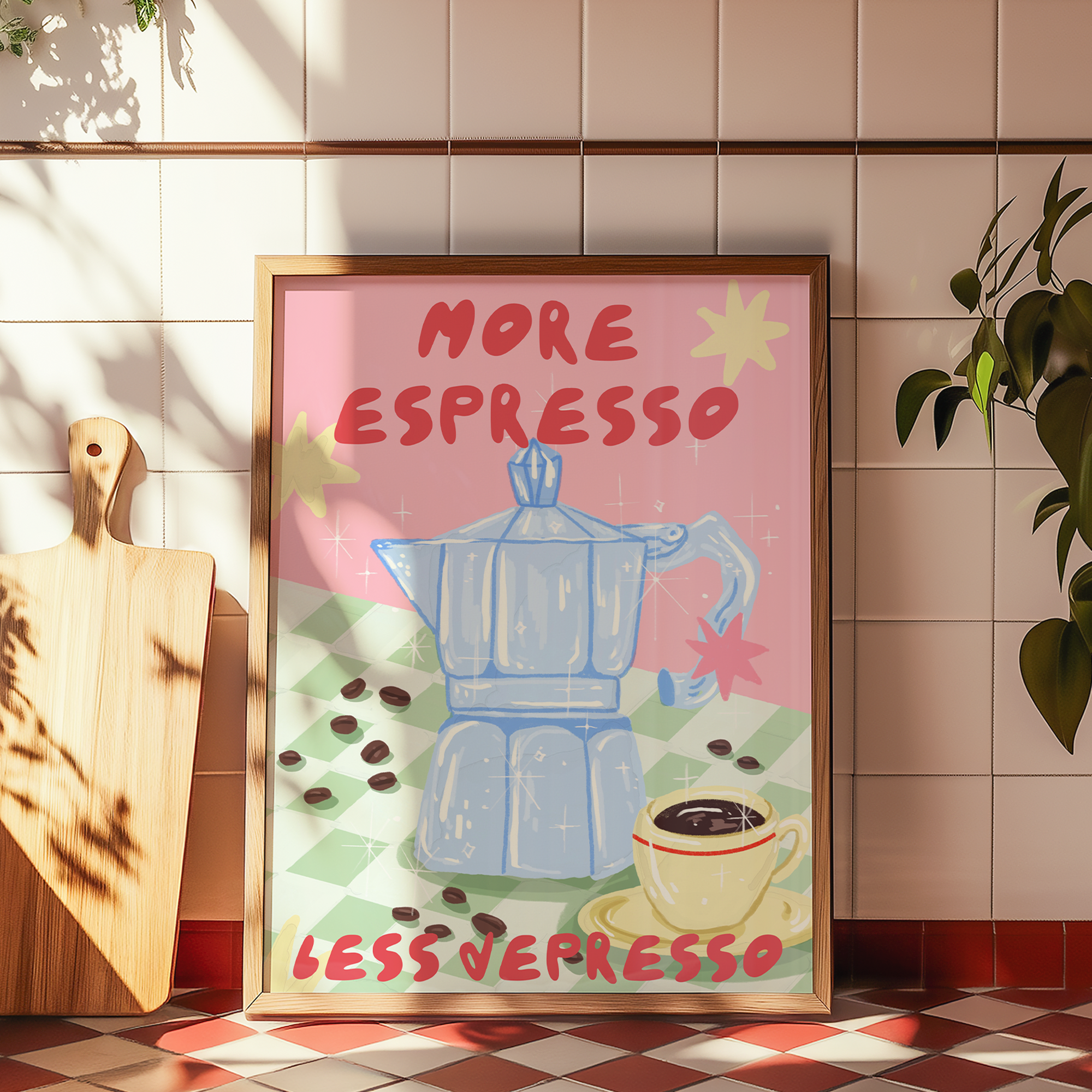 Framed coffee quote art print hanging in a modern white kitchen interior