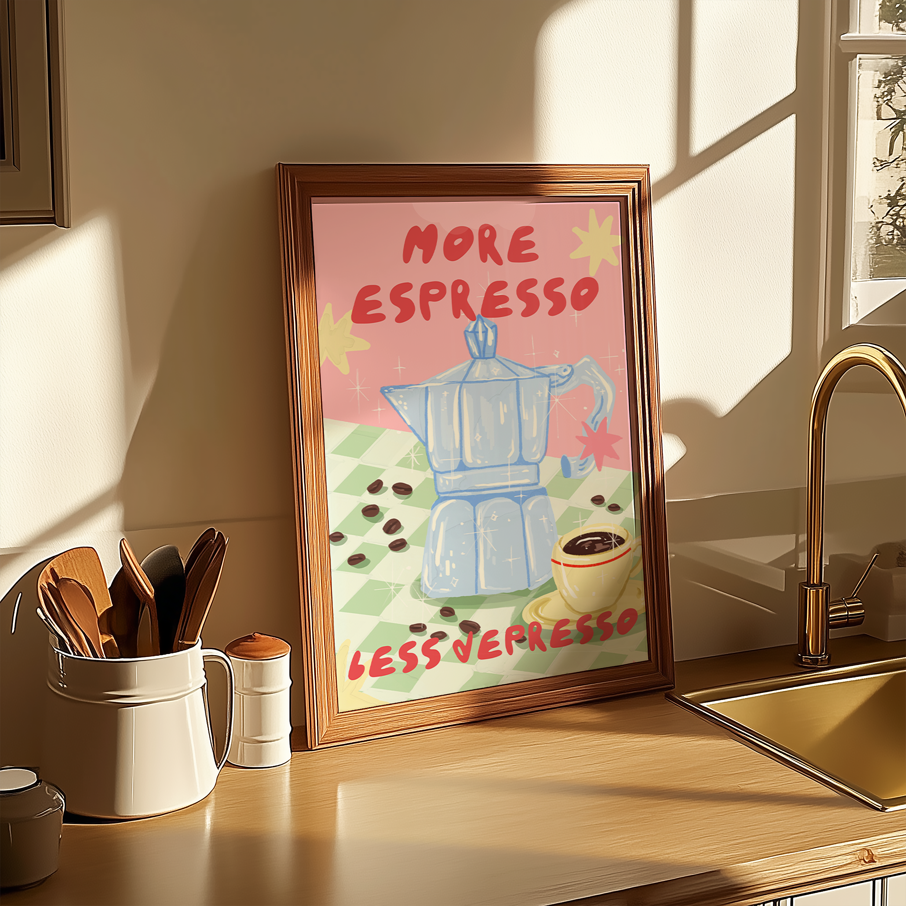 Minimalist scene of espresso quote poster on dining table with orange light