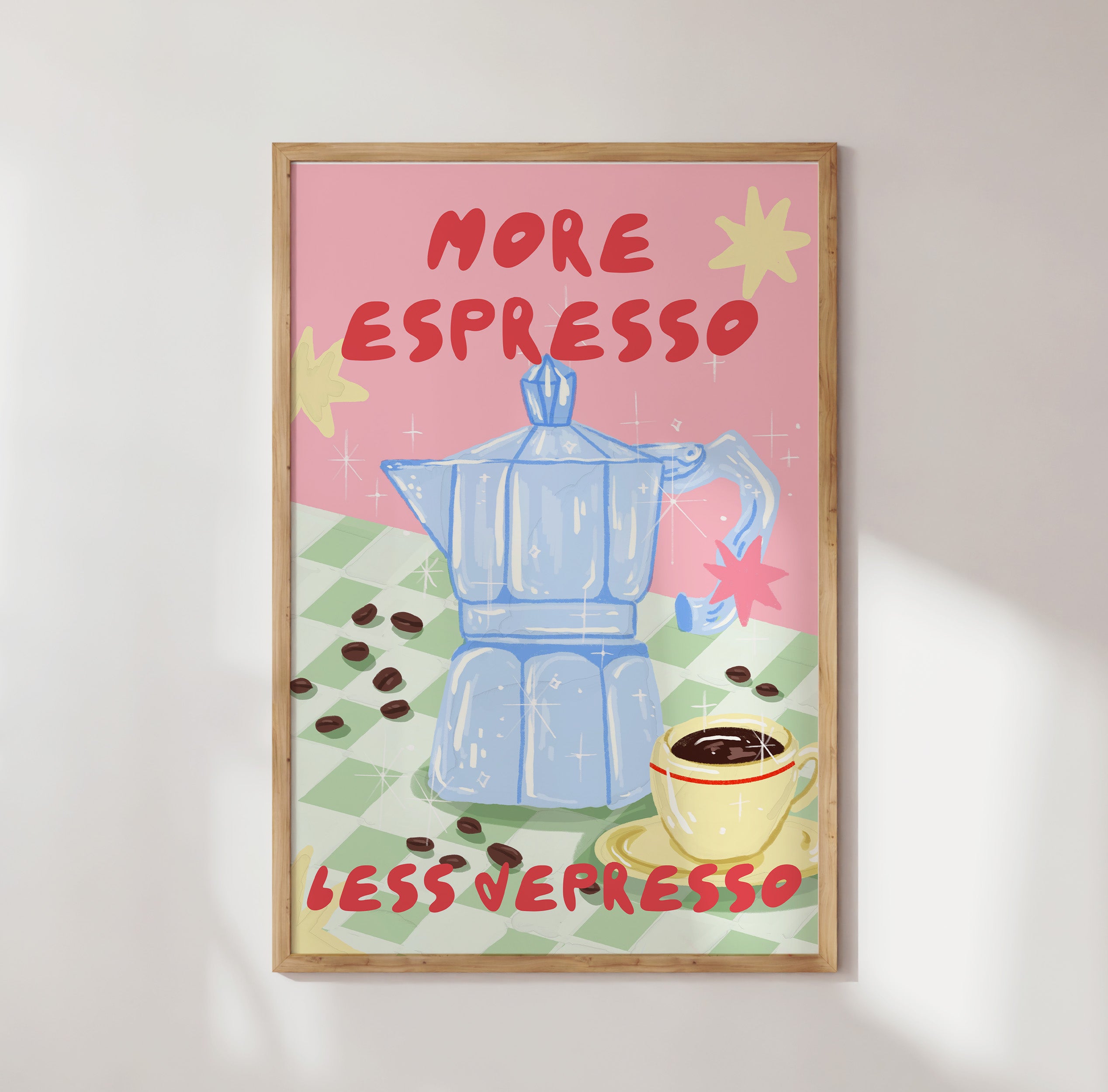 Zoomed view of typography artwork with espresso quote on clean wall