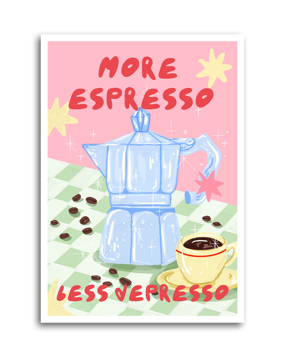 Moka pot art print on pink and green checkered background with espresso cup – framed in wood