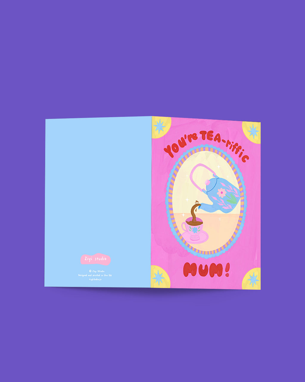 Colorful card with tea-themed illustration and text on a purple background