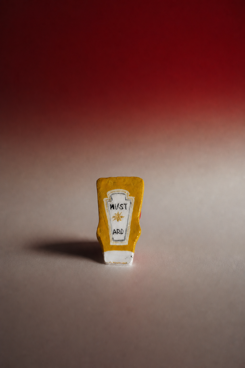A miniature yellow squeeze bottle figurine with a white label reading 'MUSTARD' and 'ARD', standing upright on a neutral surface against a red-to-gray gradient background.