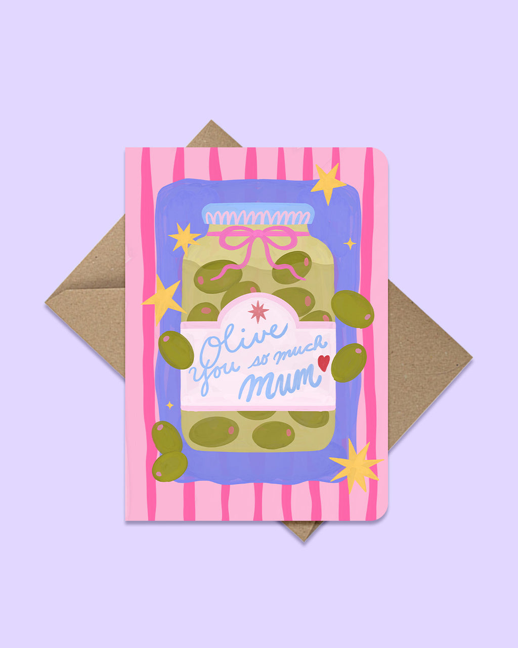 Greeting card with an illustration of a jar of olives and text, on a purple background.