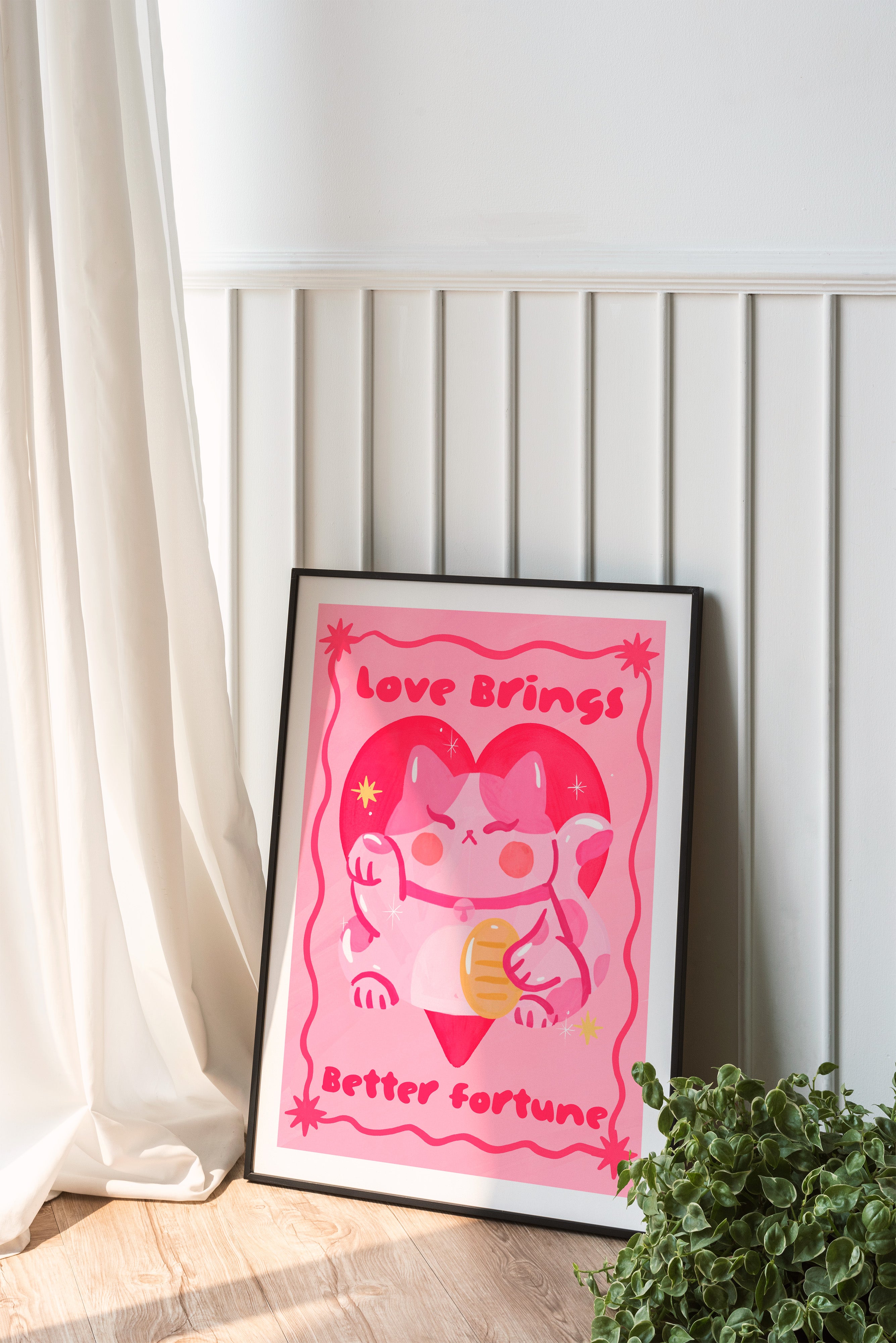 Love Brings Better Fortune pink lucky cat art print with heart motif and hand drawn typography