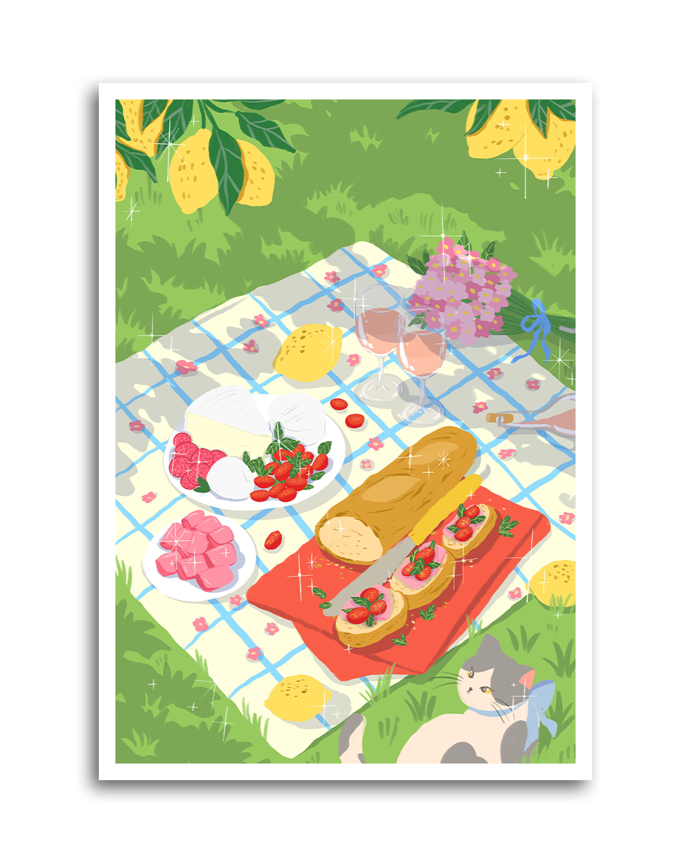 Art print of an Italian-style picnic under lemon trees featuring wine, cheese, tomatoes, and a cat resting in the grass. Bright summer garden vibe by Ziyi Studio.
