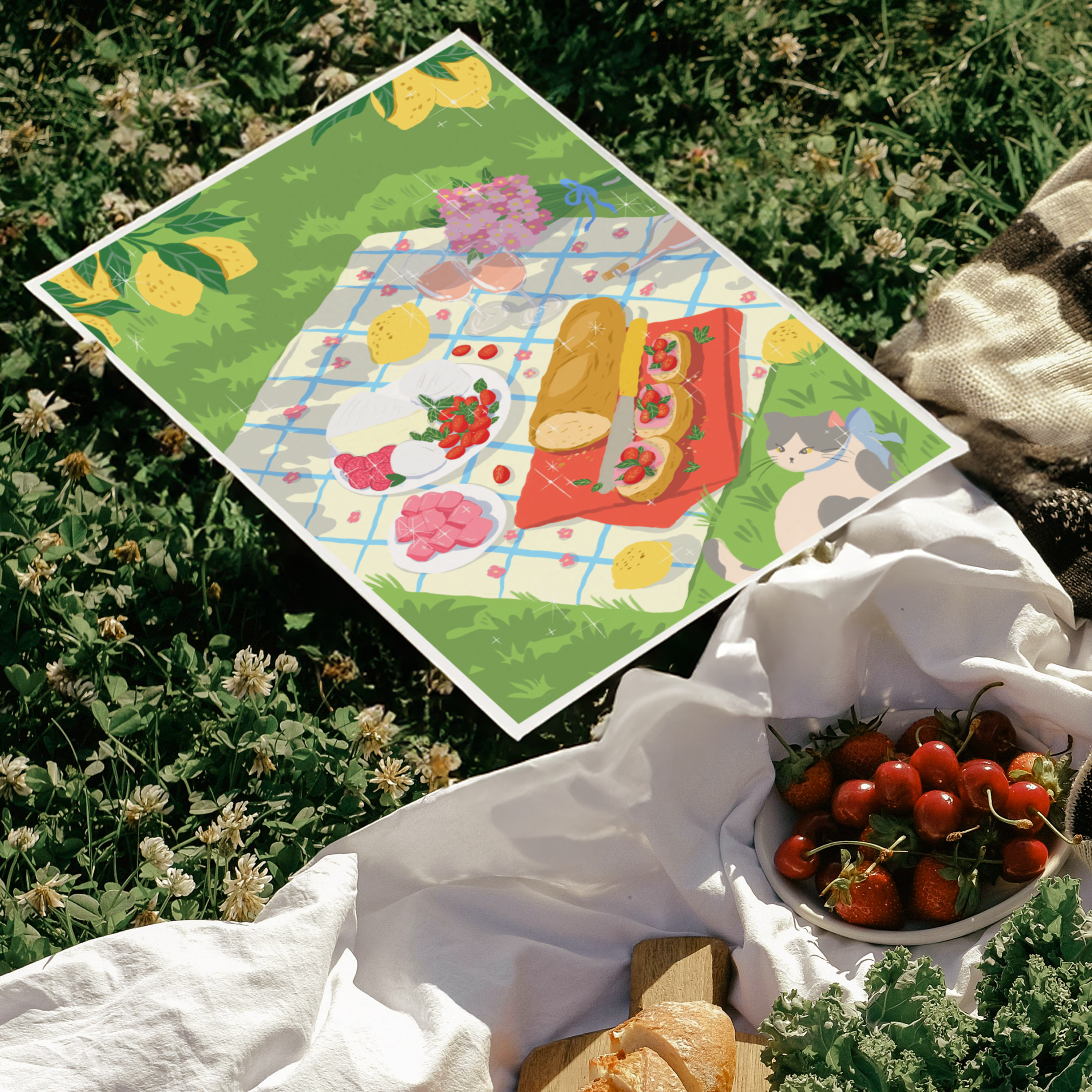 Art print of an Italian-style picnic under lemon trees featuring wine, cheese, tomatoes, and a cat resting in the grass. Bright summer garden vibe by Ziyi Studio.