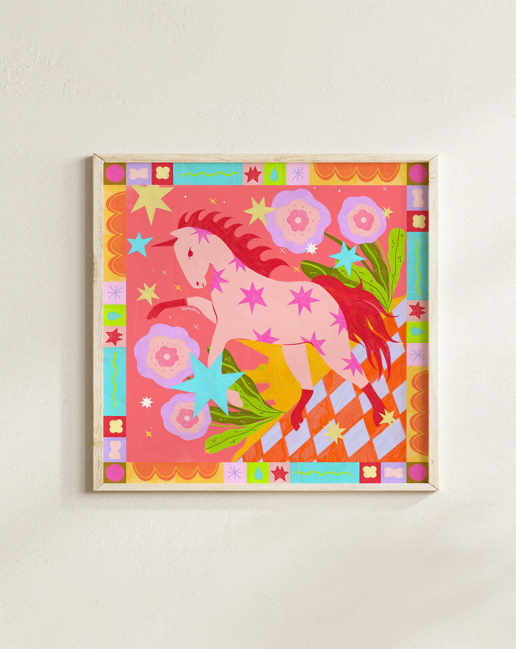 ink horse folk art print in natural wood frame on beige wall, featuring vibrant floral motifs and geometric decorative border