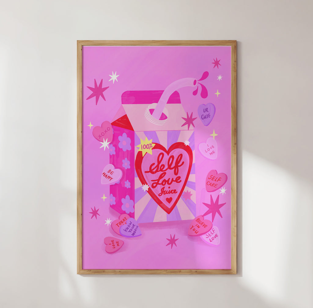 Pink self-care wall art featuring juice carton design with conversation hearts, retro Valentine's print from London