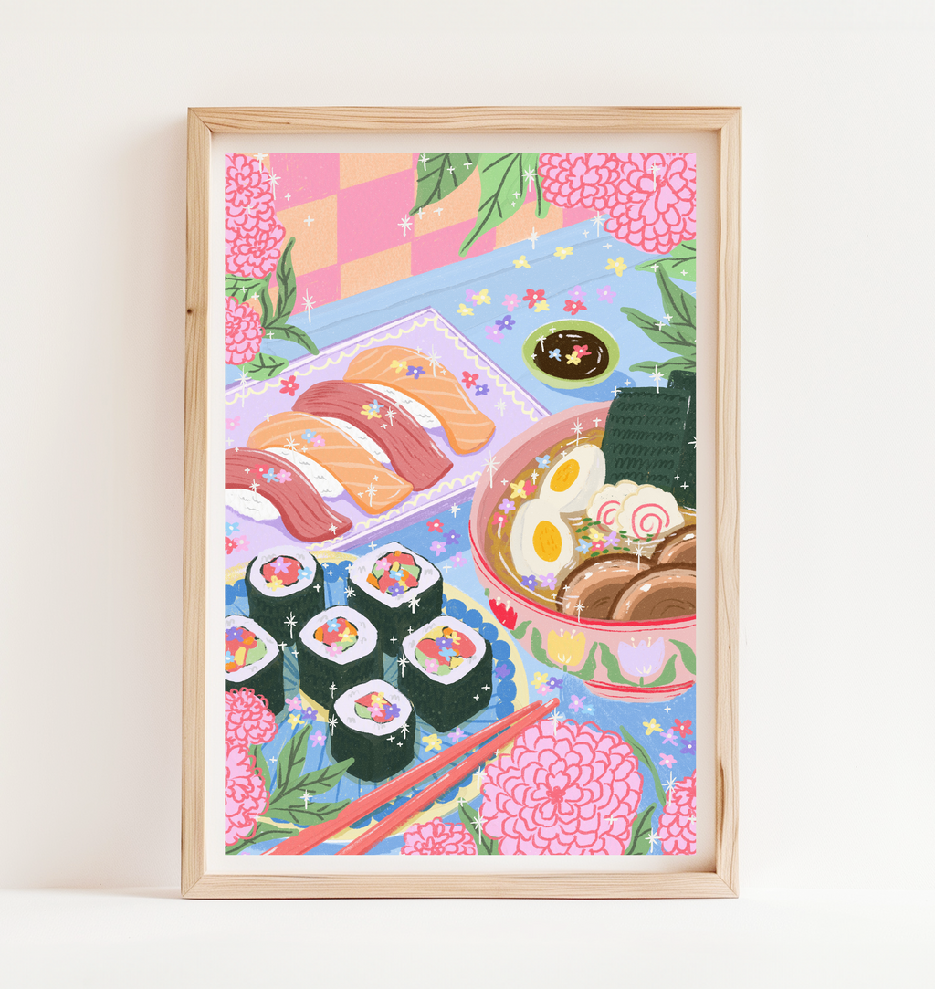 A vibrant food art print featuring an illustration of various sushi pieces and a bowl of ramen presented in a colorful and stylized manner.