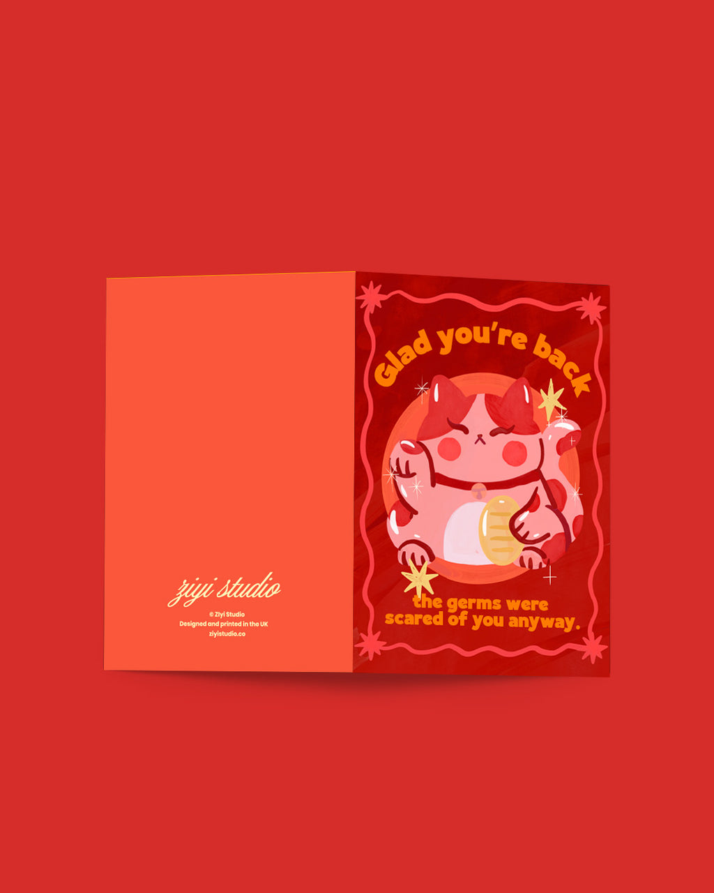 Greeting card with cartoon character and text on a red background
