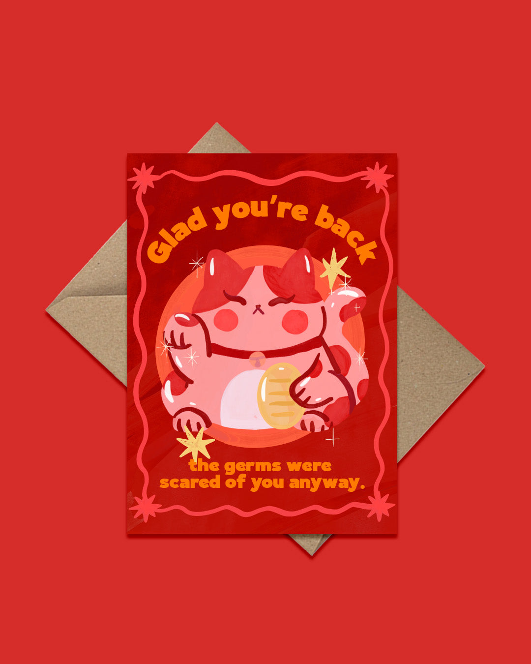 Greeting card with cartoon character and text on a red background