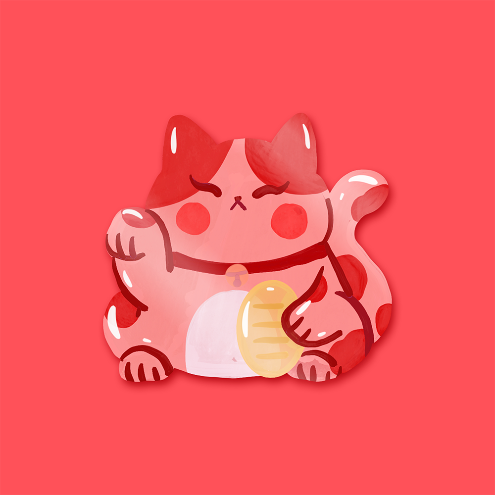 Red lucky cat Maneki-neko waterproof vinyl sticker with gold coin, Japanese fortune cat by London artist