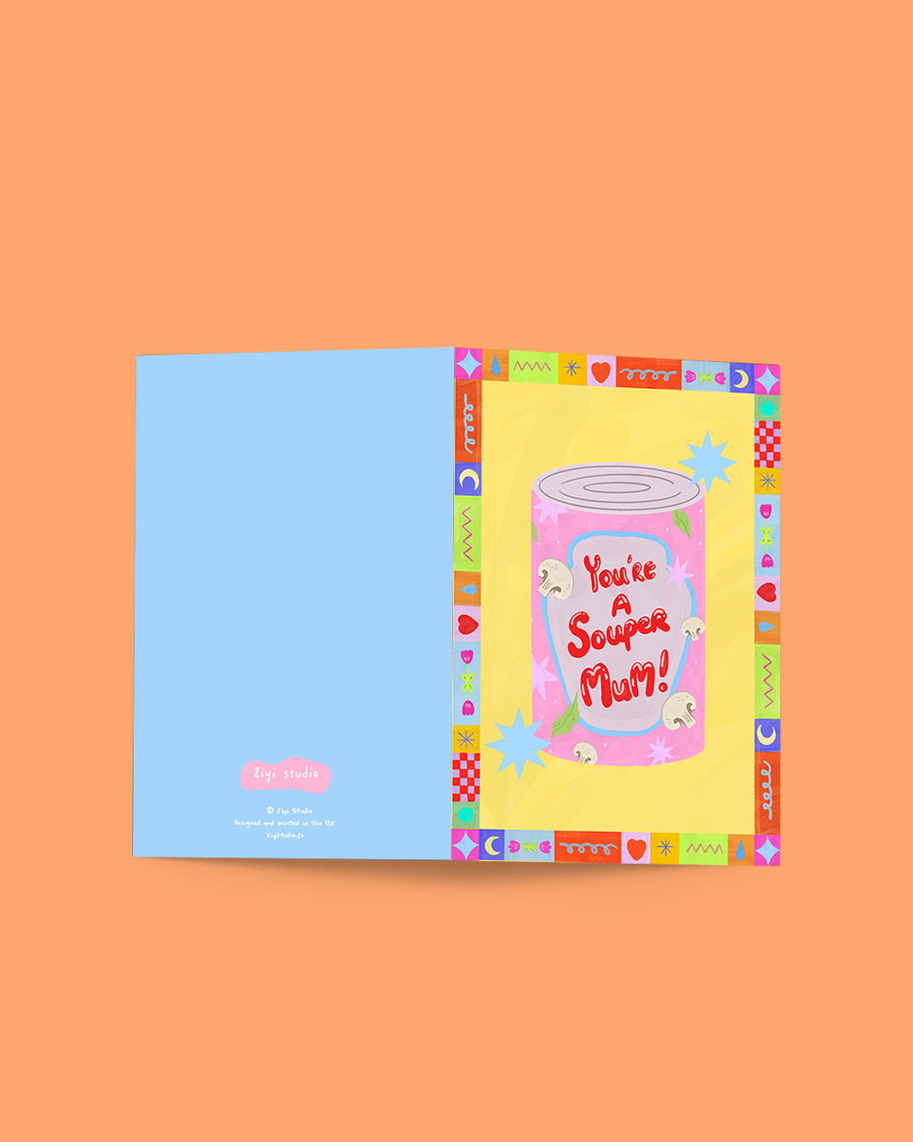 Colorful greeting card with a colorful border on an orange background
