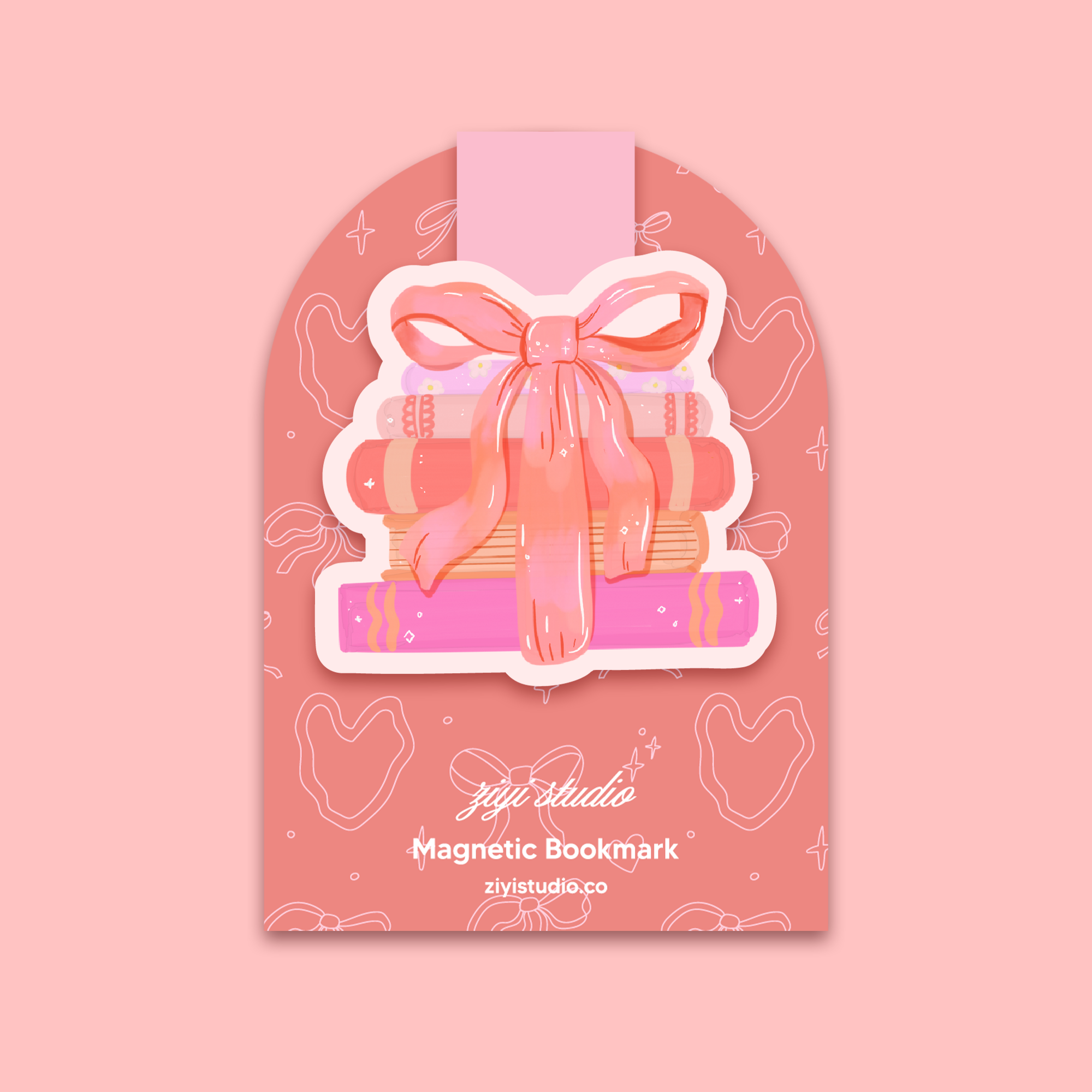 Pink magnetic bookmark with a bow design on a pink background