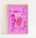 Pink self-care wall art featuring juice carton design with conversation hearts, retro Valentine's print from London