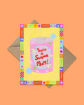 Greeting card with a can of soup design and text 'You're a Souper Mum!' on an orange background.