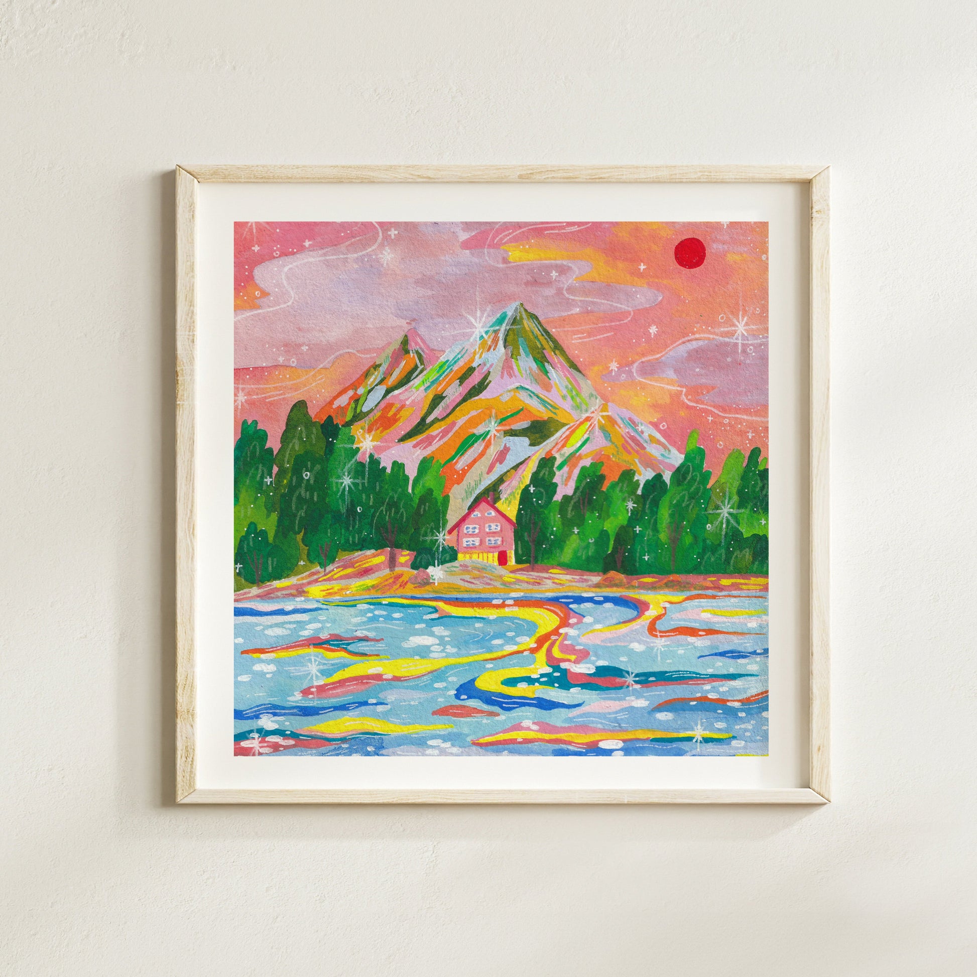 Hand-painted fantasy landscape titled “Dreamy Home” featuring a pink house, glowing river, and starry mountains in vibrant colors. Art print by Ziyi Studio.