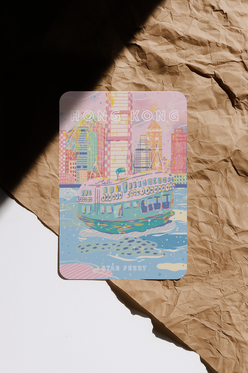 Star Ferry Hong Kong postcard featuring skyline illustration in pastel pink and blue tones.