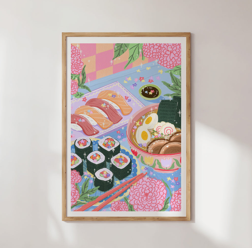 Sushi & Ramen Time cozy food illustration with sushi and ramen
