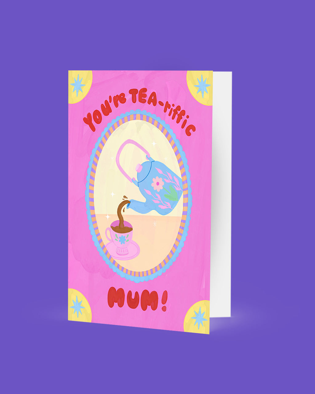 Greeting card with tea-themed design and text on a purple background