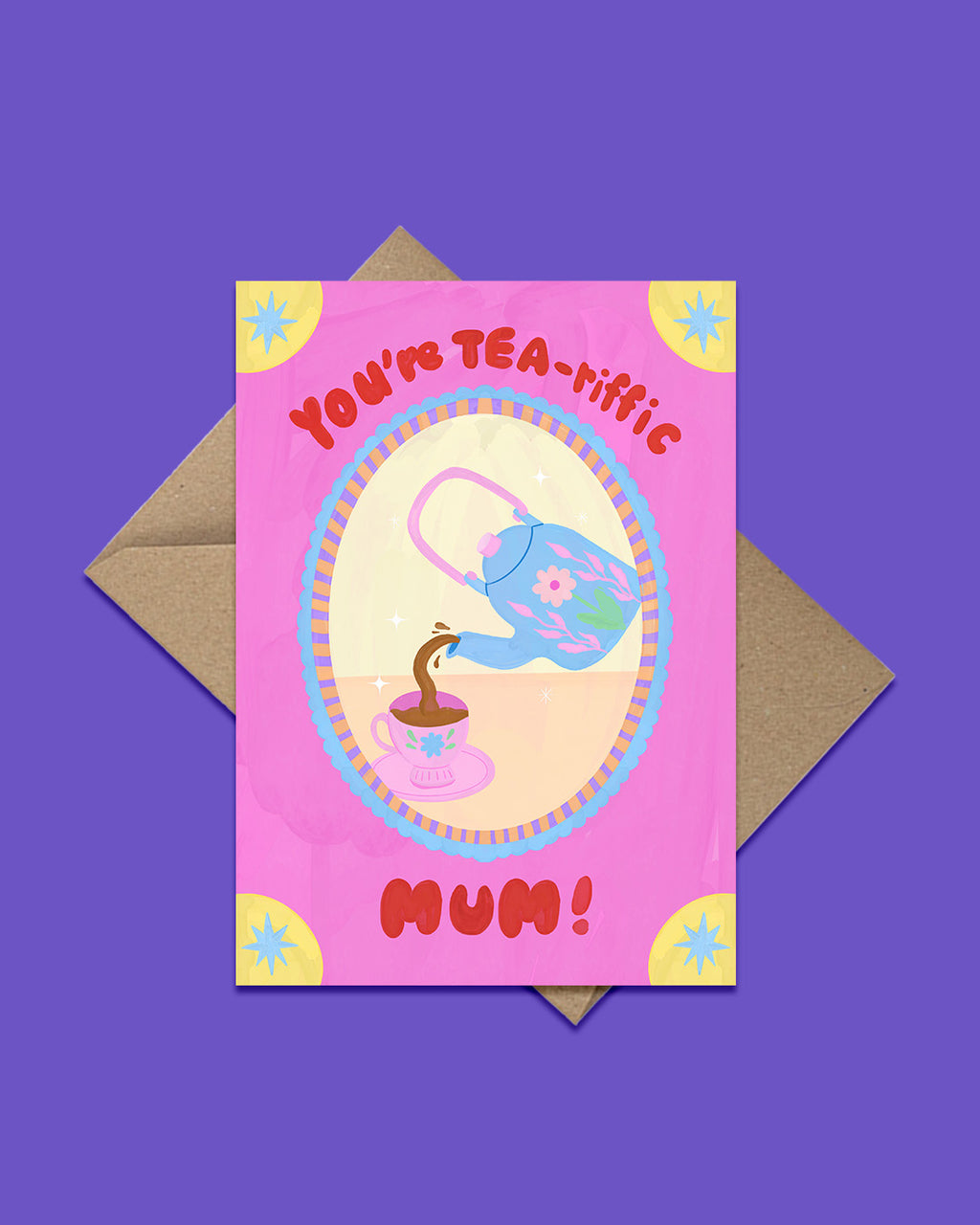 Greeting card with tea-themed design and envelope on a purple background