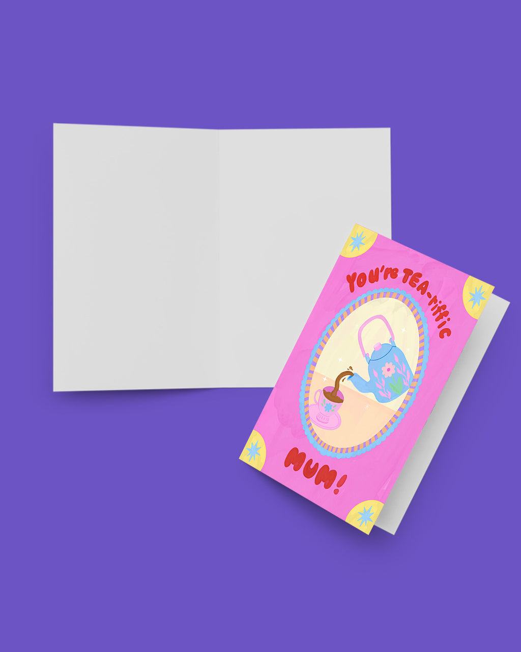 Greeting card with a teapot illustration and text on a purple background