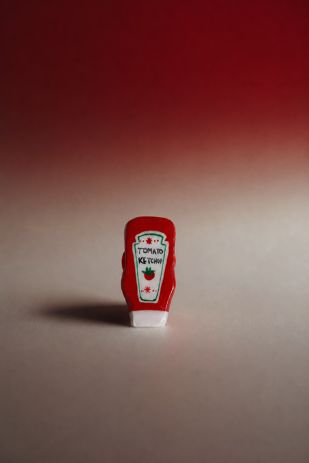 Handmade tomato ketchup clay brooch with hand-painted label detail by London artist Ziyi Studio"