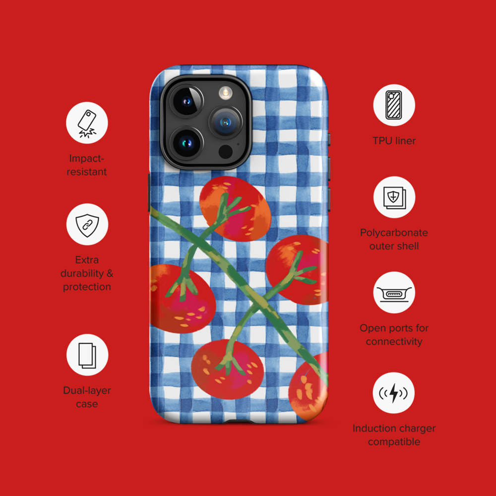 Tomato gingham iPhone case with feature icons for dual-layer protection, open ports, and wireless charging compatibility, on red background.