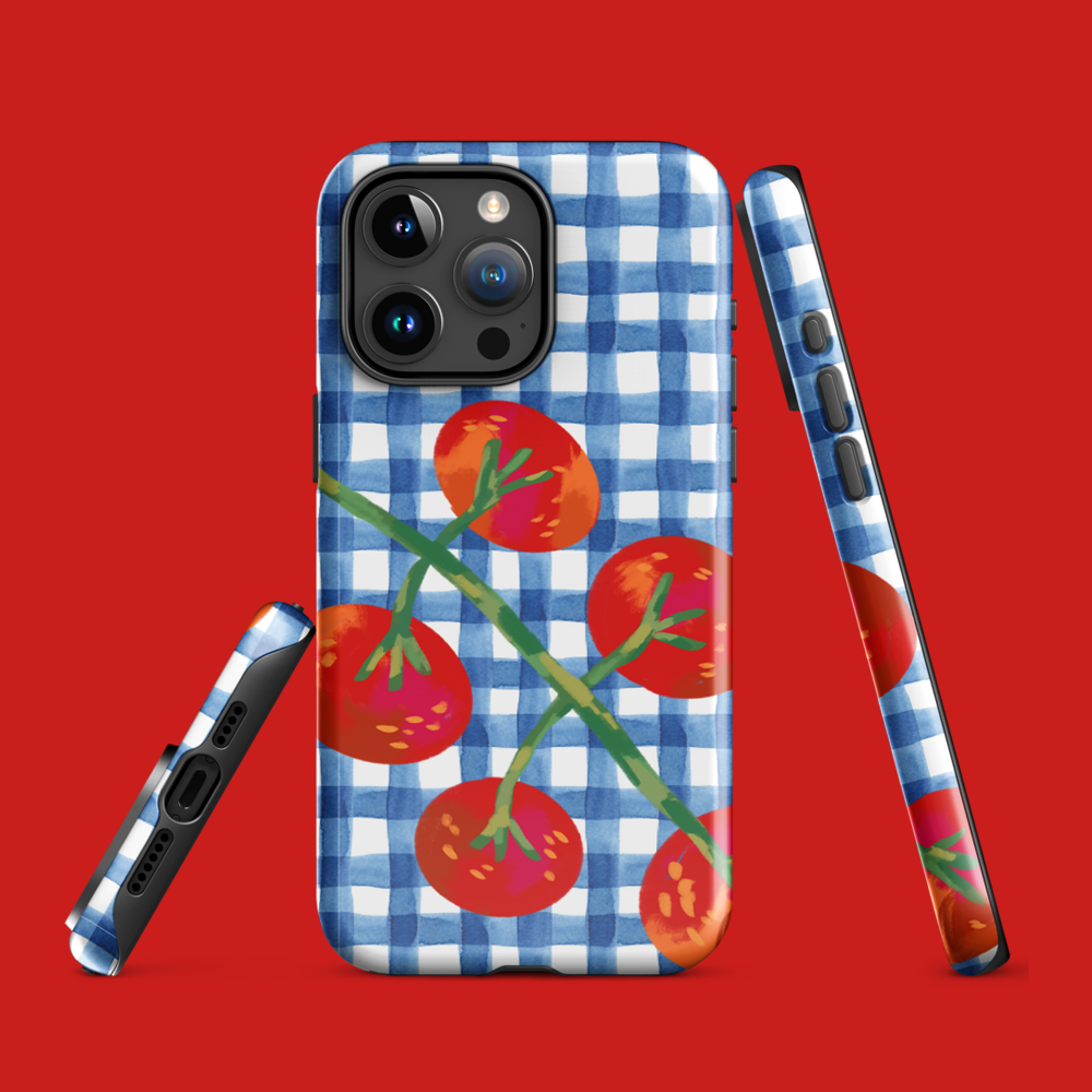 Tomato gingham iPhone case with feature icons for dual-layer protection, open ports, and wireless charging compatibility, on red background.