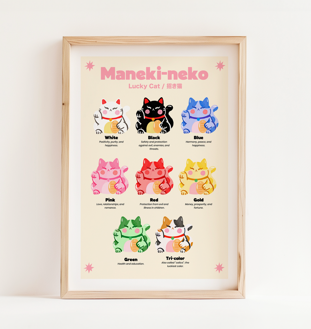 Framed poster of Maneki-neko with color options on a white wall