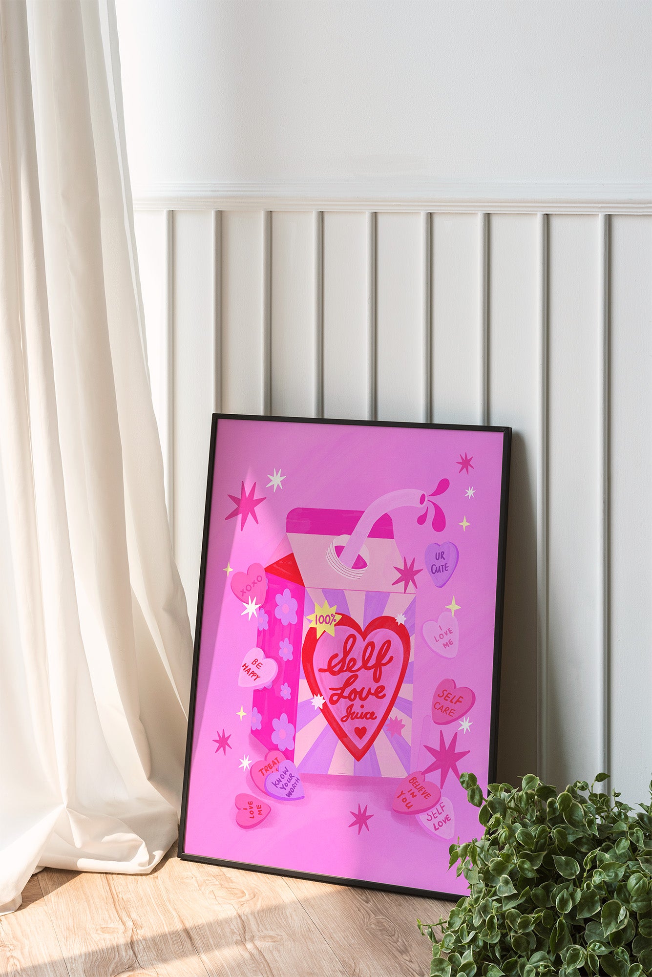 Valentine's self love print in oak frame on white wall, playful pink graphic art by UK artist