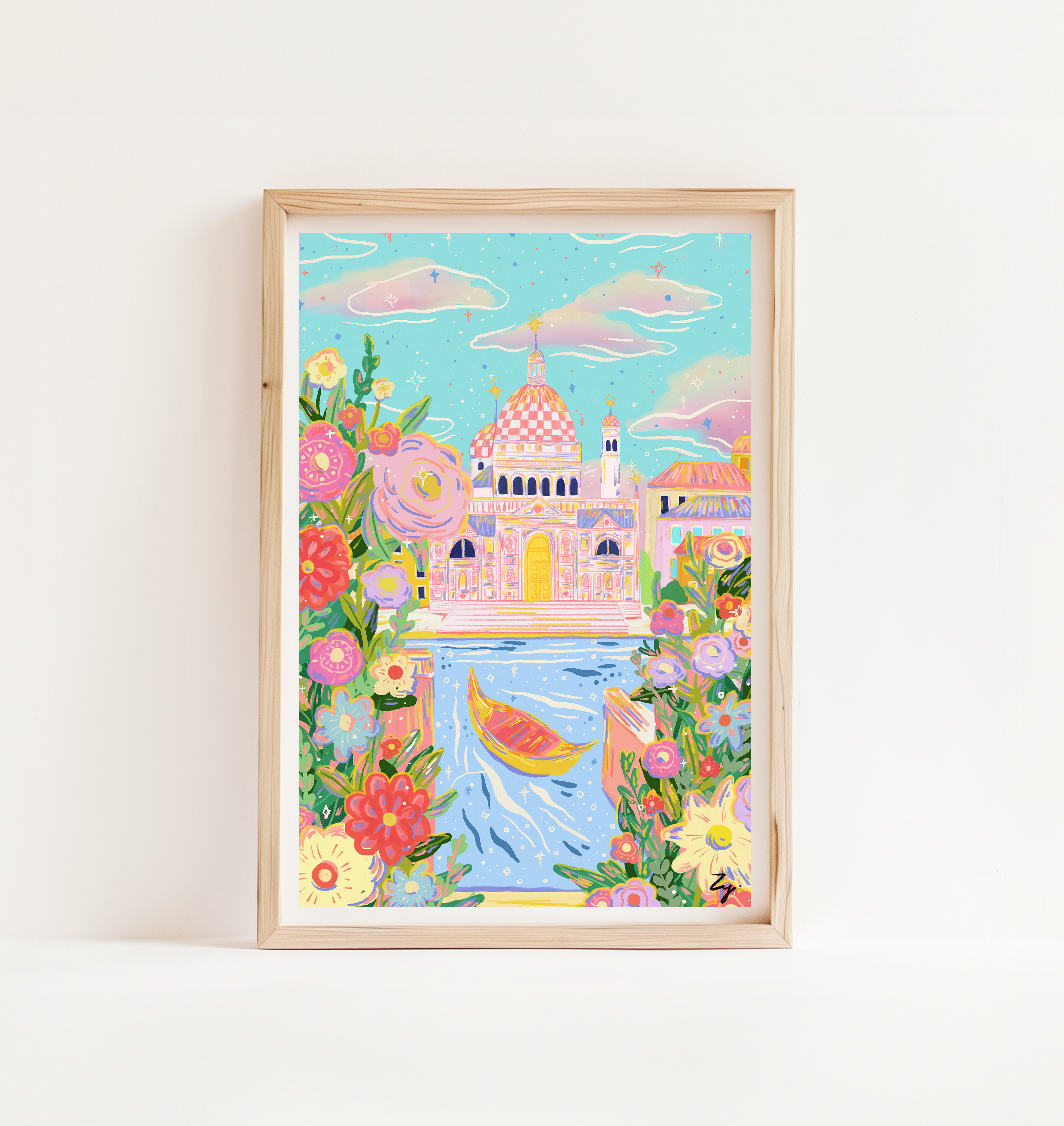A colorful hand-drawn illustration of Venice, Italy, featuring vibrant florals, pastel skies, and iconic Venetian architecture with a gondola.