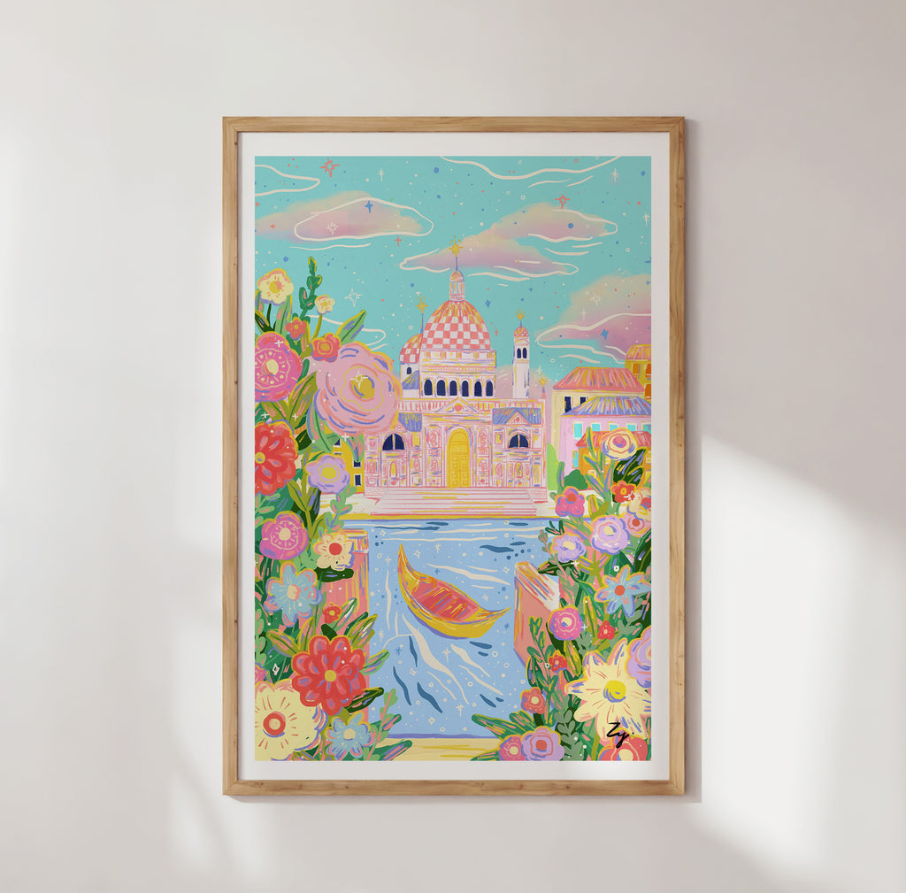 Venice Daydream floral canal art in light wooden frame, lit by soft natural light