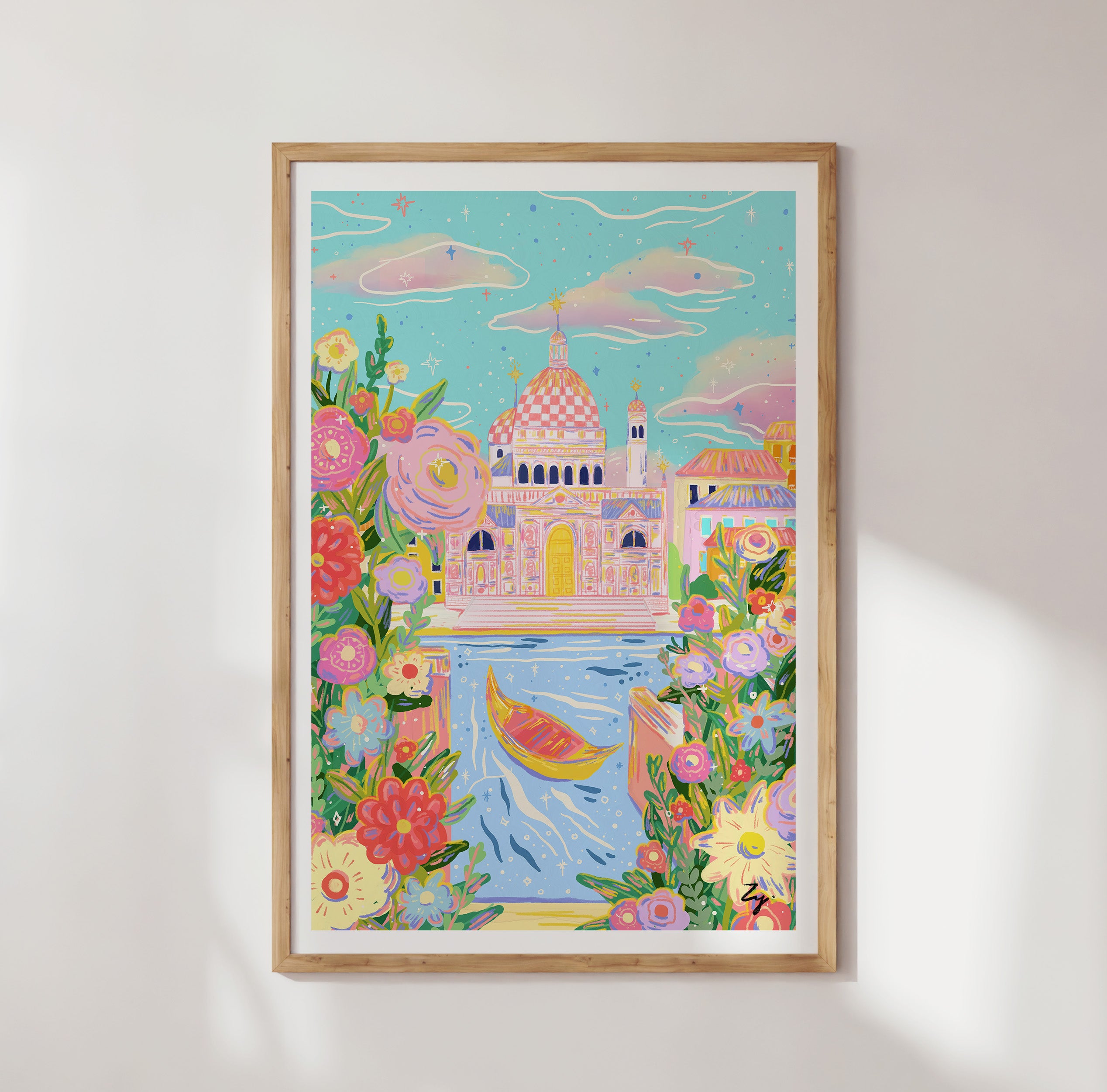 Venice Daydream floral canal art in light wooden frame, lit by soft natural light