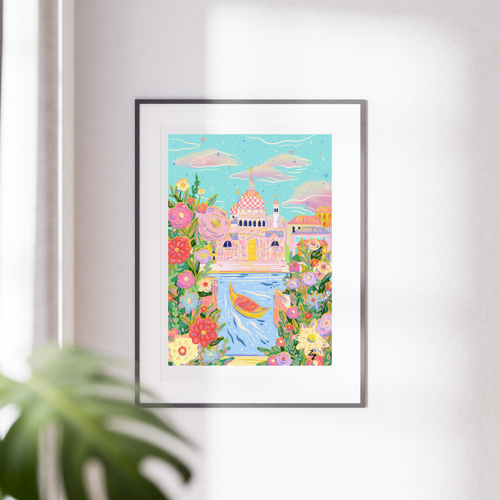 Venice Daydream illustration framed and placed by a window with bright sunlight